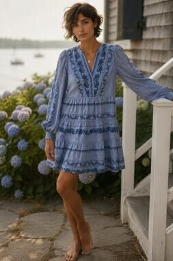 NEW Hale Bob Boho Embroidered Mini Dress Size XS Quiet Luxe Preppy Blue